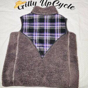 Upcycled Purple Western Vest with plaid print & braided black leather trim "L"